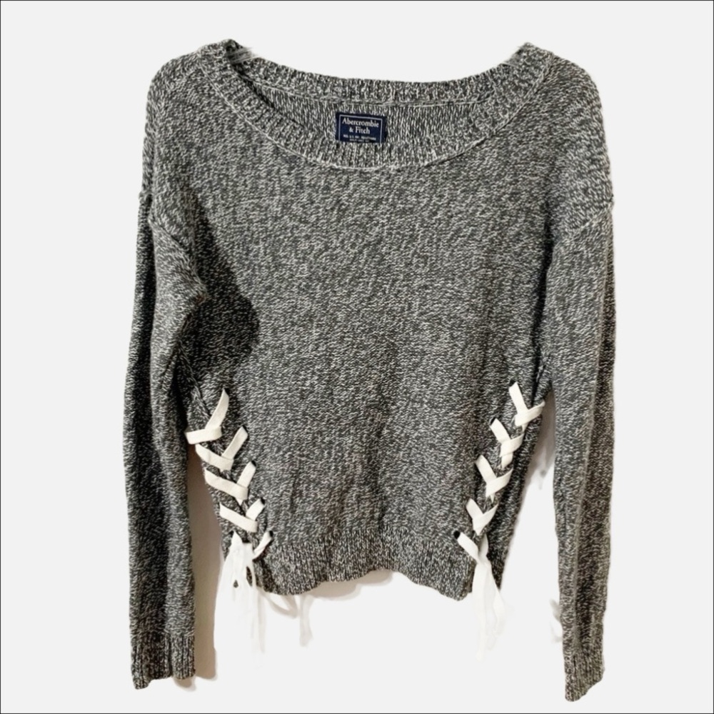 Abercrombie & Fitch Scoop Neck Pullover Sweater Lace Up Side Gray White Flecked